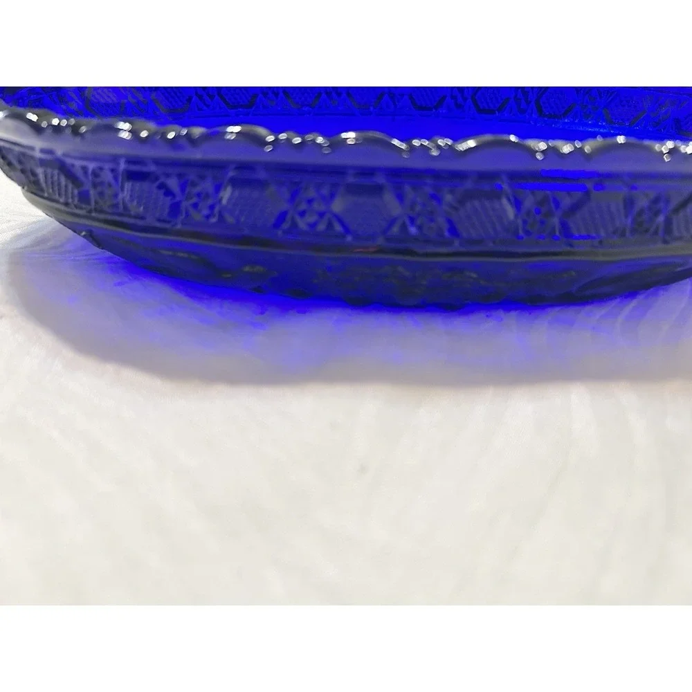 Vintage Tiara Glass Cobalt Blue Bird Berries Dish